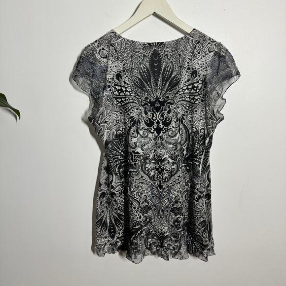 Apt 9 Top Women L Black White Y2K Bedazzled Grunge Emo Boho Sheer Cap Sleeve - Picture 2 of 8